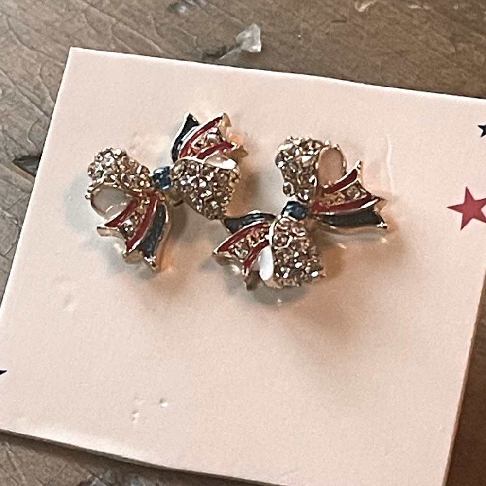 Red, White and Blue Bow Earrings - Gold Tone